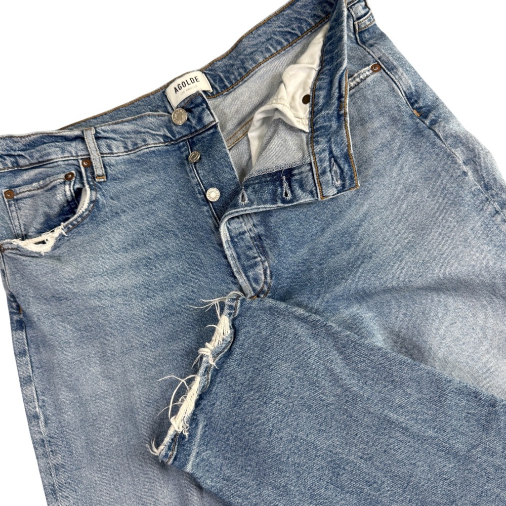 Agolde Riley Long High Rise Straight Leg Jeans Womens 32 Light Blue‎ Raw Hem